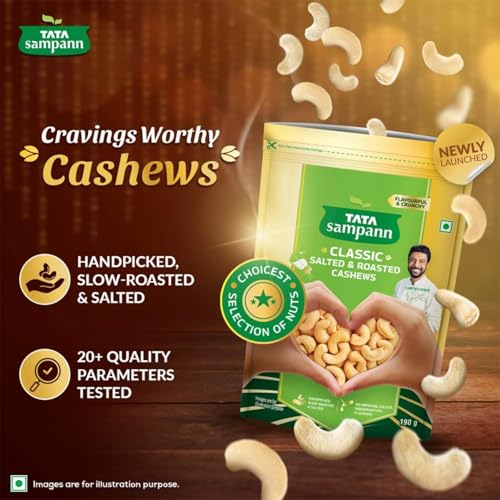Image of Tata Sampann Classic Salted & Roasted Cashews /Kaju, Flavourful & Crunchy Snack Handpicked, Salted & Slow Roasted Cashews Rich in Protein, Magnesium, and Phosphorus, No Artificial Colours, Preservatives & Flavours, 190g