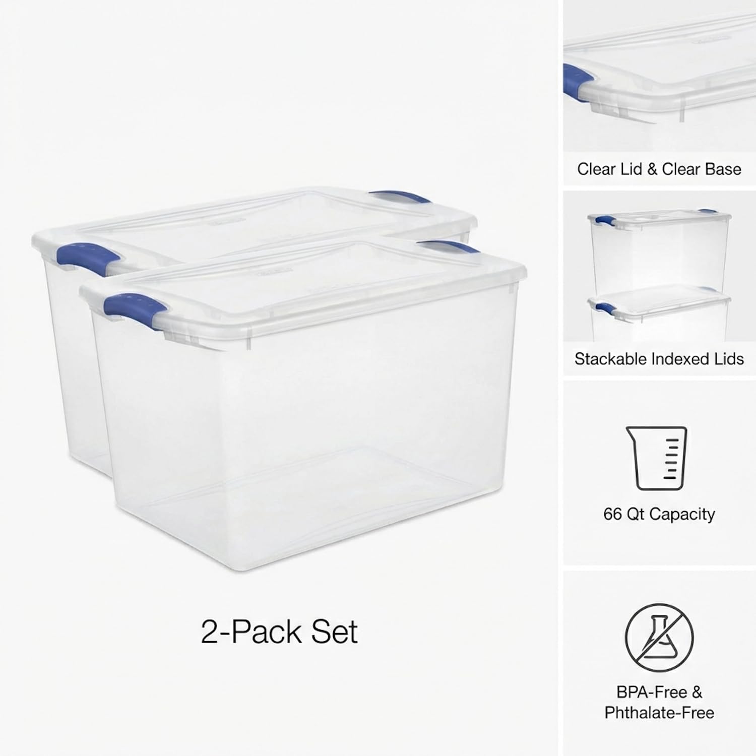 66 Qt Storage Bins with Lids, 2 Pack Large Clear Plastic Storage Containers with Secure Blue Latches, Stackable Clear Totes for Sports Equipment