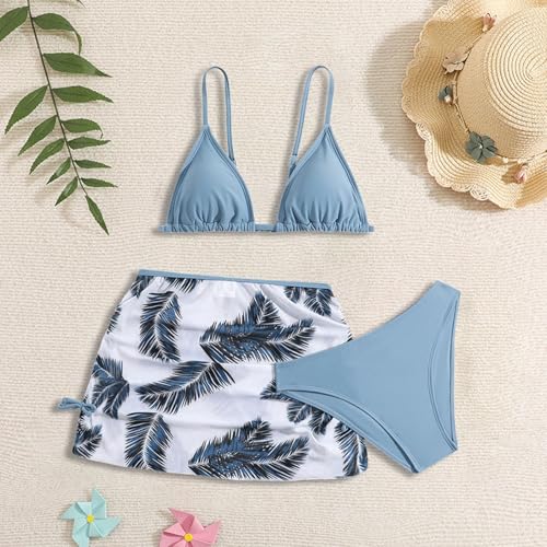 Girl's Cute 3 Piece Swimsuit V Neck Spaghetti Strap Wireless Triangle Bikini Set Palm Leaf Cute Beach Bathing Suit 6-14 Years2
