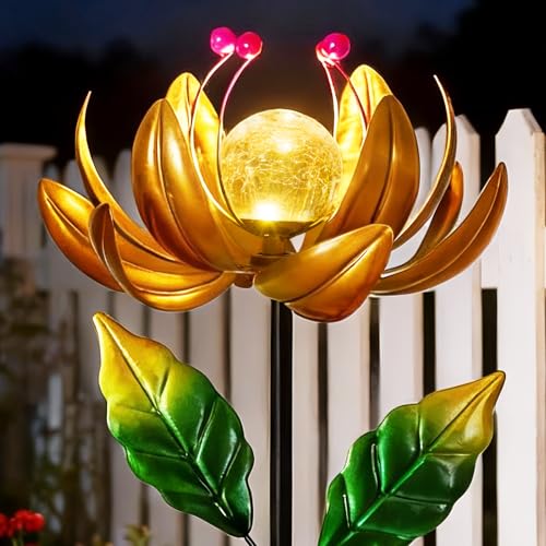 Image of Solar Lights Wind Spinners for Yard and Garden - Metal Lotus Flower Windmills LED Crackle Glass Globe Outdoor Garden Decor Yard Art Lawn Ornament