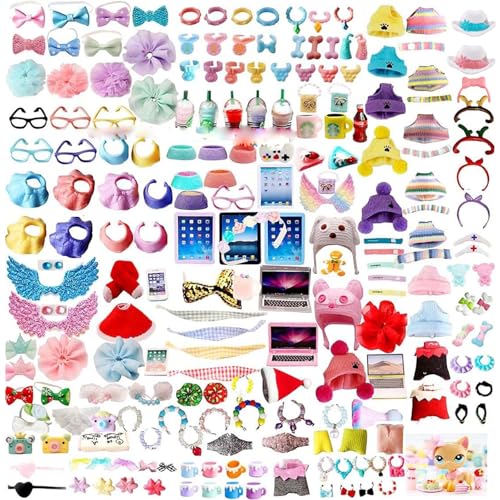 Accessories Pack Lot (Random 15 PCS) Laptop Hat Glasses Wings Clothes Bow Skirt Collar Food and Drink for LPS Shorthair Cat and Collie Dachshund Cocker Spaniel Husky Puppy Dog Deer Figure