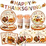 Thanksgiving Party Supplies Tableware Set, 142Pcs Turkey Thanksgiving Plates and Napkins Sets Fall Give Thanks Turkey Pumpkin Tablecloth for Happy Thanks Giving Party Dinner Decorations