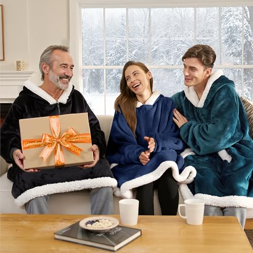 Giggling Getup Wearable Blanket Hoodie for Women Men Gifts for Women Mom Wife Sherpa Fleece Hooded Blanket Sweatshirt Warm Cozy Sherpa Wearable Throw with Pocket & Sleeves for Adult Oversize Navy