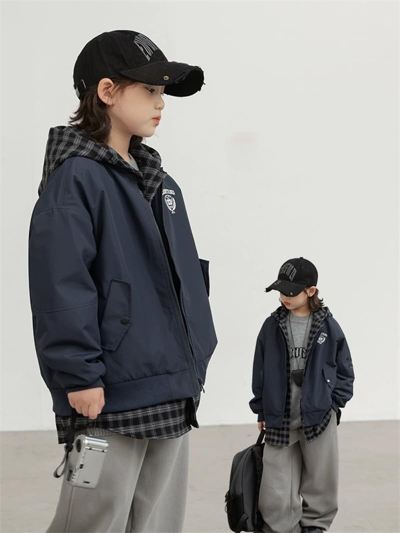[BLZXIAN] 子供服 男の子 ボアジャケット 中綿コート ジャケット アウター 綿入れ 刺繍 チェック柄 重ね着 偽二枚 立ち