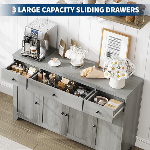 55" Sideboard Buffet Cabinet with Storage, Coffee Bar with Adjustable Shelves, 3 Drawers and 4 Minimalist Doors, Long Storage Cabinet for Kitchen, Dining Room, Living Room- Grey