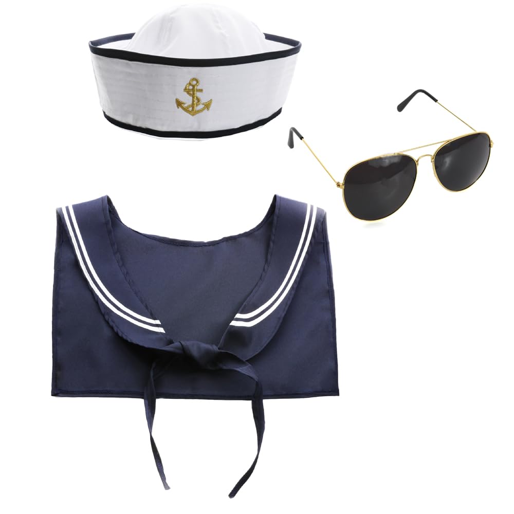 Adults Sailor Set - White Sailor Cap, Navy & White Scarf, Black Sunglasses - Mens Ladies Navy Nautical Fancy Dress Costume Accessory Set