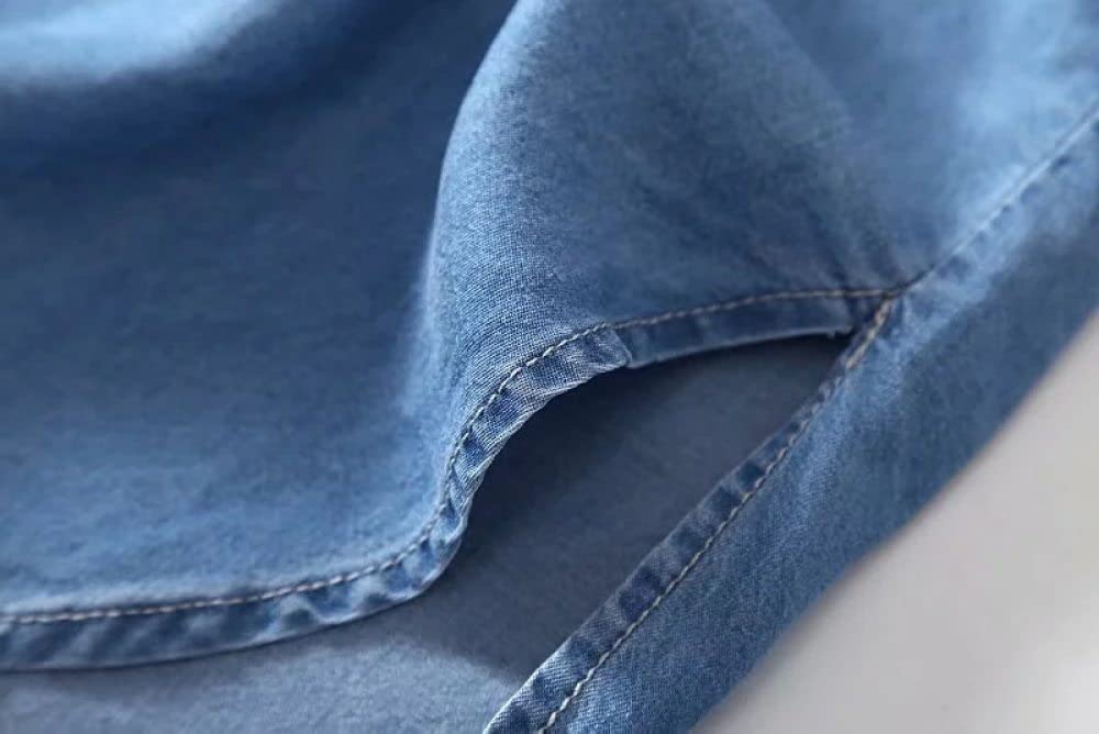 MIDJ Damen Bluse,Elegante Jeansbluse für Damen, Lange Hemdjacke, Hoher Niedriger Saum, Lange Ärmel, Lässige Blaue Jeanshemden, Brusttasche, Tunika, Blusen, Oberteile, Business-Hemd, Sweatshirt für M