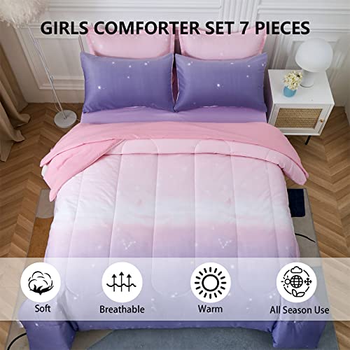 Image of Dinjoy Girls Comforter Set Queen Size 7 Pieces Bed in A Bag Ombre Pink Purple Rainbow Bedding Set Collections for Teen Women (1 Comforter, 1 Flat Sheet, 1 Fitted Sheet, 2 Pillow Shams, 2 Pillowcases)