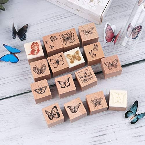 RISYPISY 16pcs Wooden Rubber Stamp Set, Butterfly Printed Decorative Rubber Seal Stamps for Card Making, DIY Craft, Stationery Scrapbooking, Handbook, Diary Letter Décor