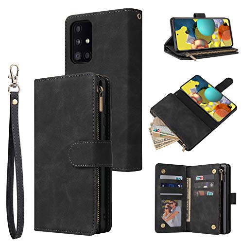 UEEBAI Wallet Case for Samsung Galaxy A51 4G, PU Leather Wallet Magnetic Closure Handbag Zipper Pocket Kickstand Card Slots with Hand Strap Vintage Flip Case for Women - Black