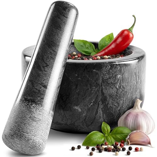 madeco Mörser mit Stößel Marmor Ø 14 cm - Perfekt geeignet für Gewürze, Kräuter & Nüsse - Steinmörser Set mit praktischem Antirutsch-Pad - Design Marmor Mörser & Stößel groß