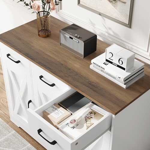 HOCSOK Sideboard, Kitchen Cabinet with 3 Drawers and 3 Doors, Wooden Storage Cupboard Cabinet for Kitchen, Living Room, Dining Room, Hallway, White & Brown - Image 7