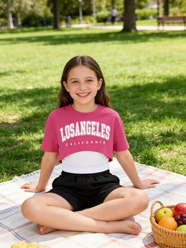 Image of Girl's Summer 3 Piece Outfits Graphic Short Sleeve Crop Top Cami and Shorts Clothes Set Black Pink 11-12Y