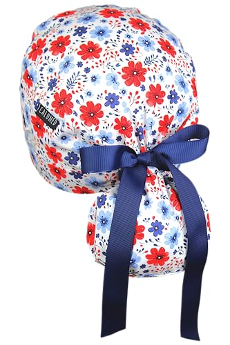 Image of Scrub Cap for Women and Men, Ponytail Scrub Caps, Working Hat, Head Cover with Ribbon Ties and Buttons, Long Hair