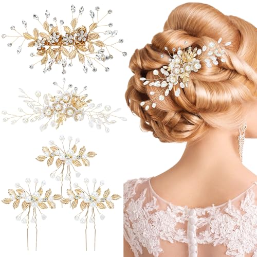 Barrettes à cheveux dorées avec perles de prestige et strass brillants x5