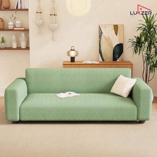 Image of Lukzer 1 Seater Pastel Green Grid Maze Pattern Sofa Cover | 240 GSM Universal Stretch Fit Jacquard Fabric Couch Protector | Fully Covered Anti Slip & Washable Sofa Cover (90-140cm /SC-107-01)