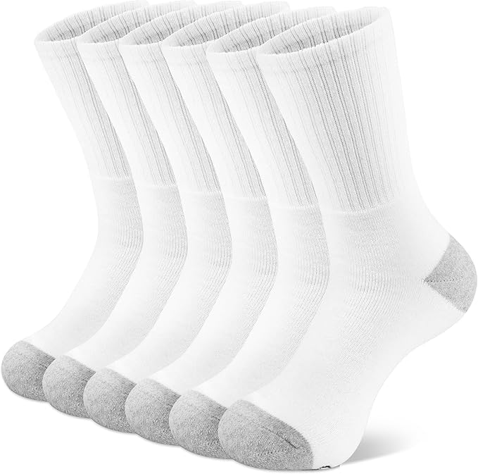 Men's Cushioned Cotton Crew Socks, White with Grey Heel, Pack of 6, Size 9-12