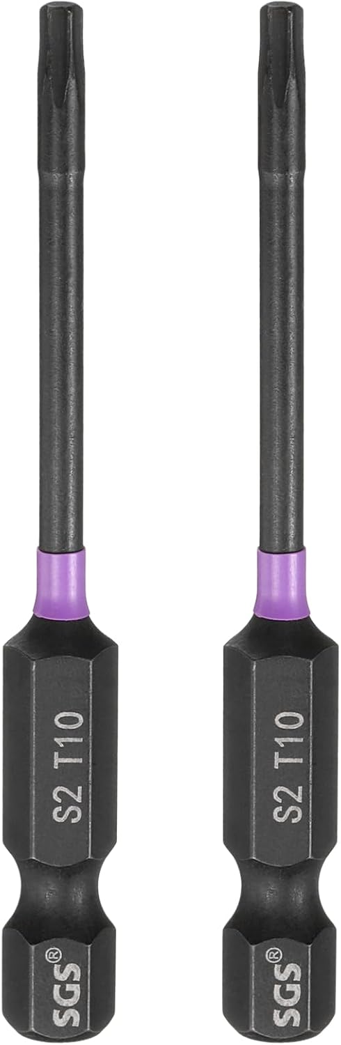 HARFINGTON 2pcs T10 Torx Head Impact Screwdriver Bits 1/4" Hex Shank 2.6" (65mm) Long Magnetic No Hole Tamper Proof 6 Point Star Screw Driver Drill Bits Phosphate S2 Steel Power Tools
