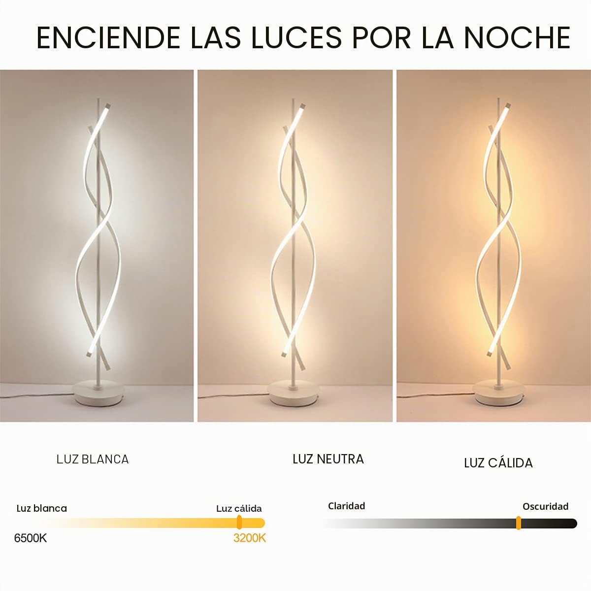Lámpara de pie LED, Espiral blanca Regulable, Diseño moderno de interiores, Iluminación decorativa, Ahorro de energía