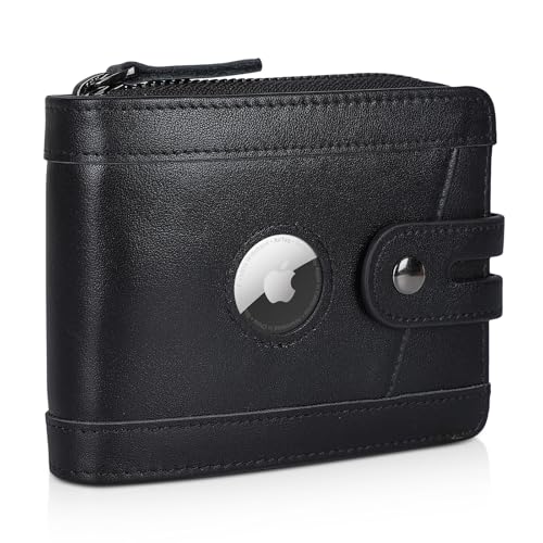 Image of Polare Napa Leather Bifold Wallet for Men RFID Blocking Card Case with AirTag Slot and YKK Zip Coin Pocket (Black)