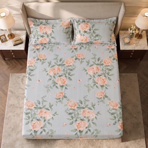 Image of Home Elegance from House of Mytrident | Linen Feel Bed Sheet for Double Bed King Size with Two Pillow Covers | Ultrasoft | Floral 274cm x 250cm | myTrident - Olive Coral