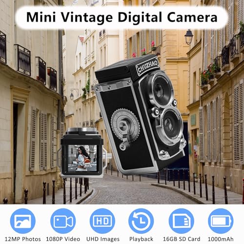 Image of CHUZHAO Vintage Mini Digital Camera, Retro-Style Point and Shoot, 1080P Video & Photo Autofocus, Portable Compact Pocket Camera with 16GB Card for Beginners Teens Adults Black