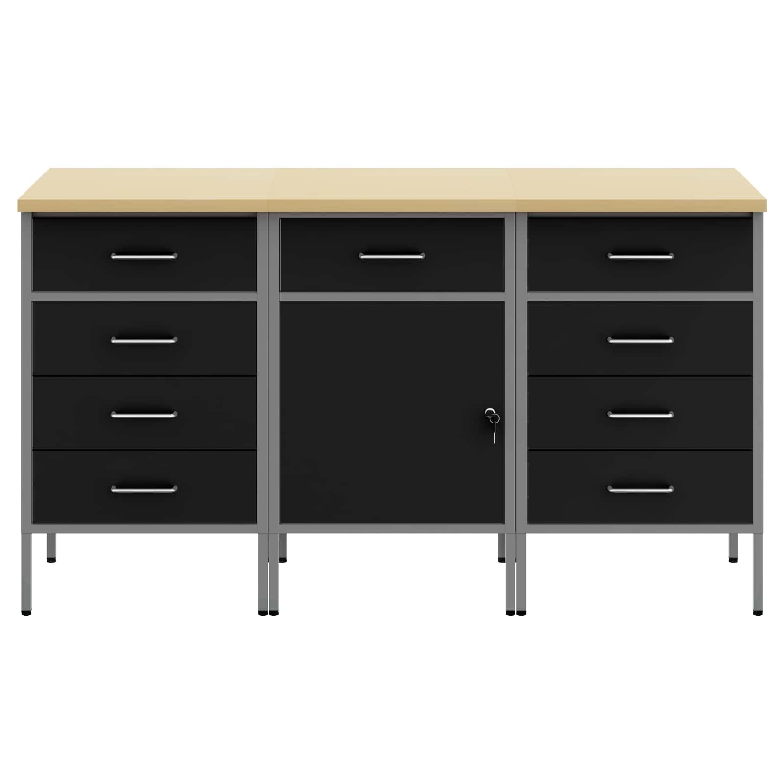 Moderno armadio da officina con cassetti, 3 pezzi, 150 x 55 x 85 cm, banco da lavoro in nero e grigio, robusta struttura in acciaio e legno con scomparti versatili e ripiani per attrezzi