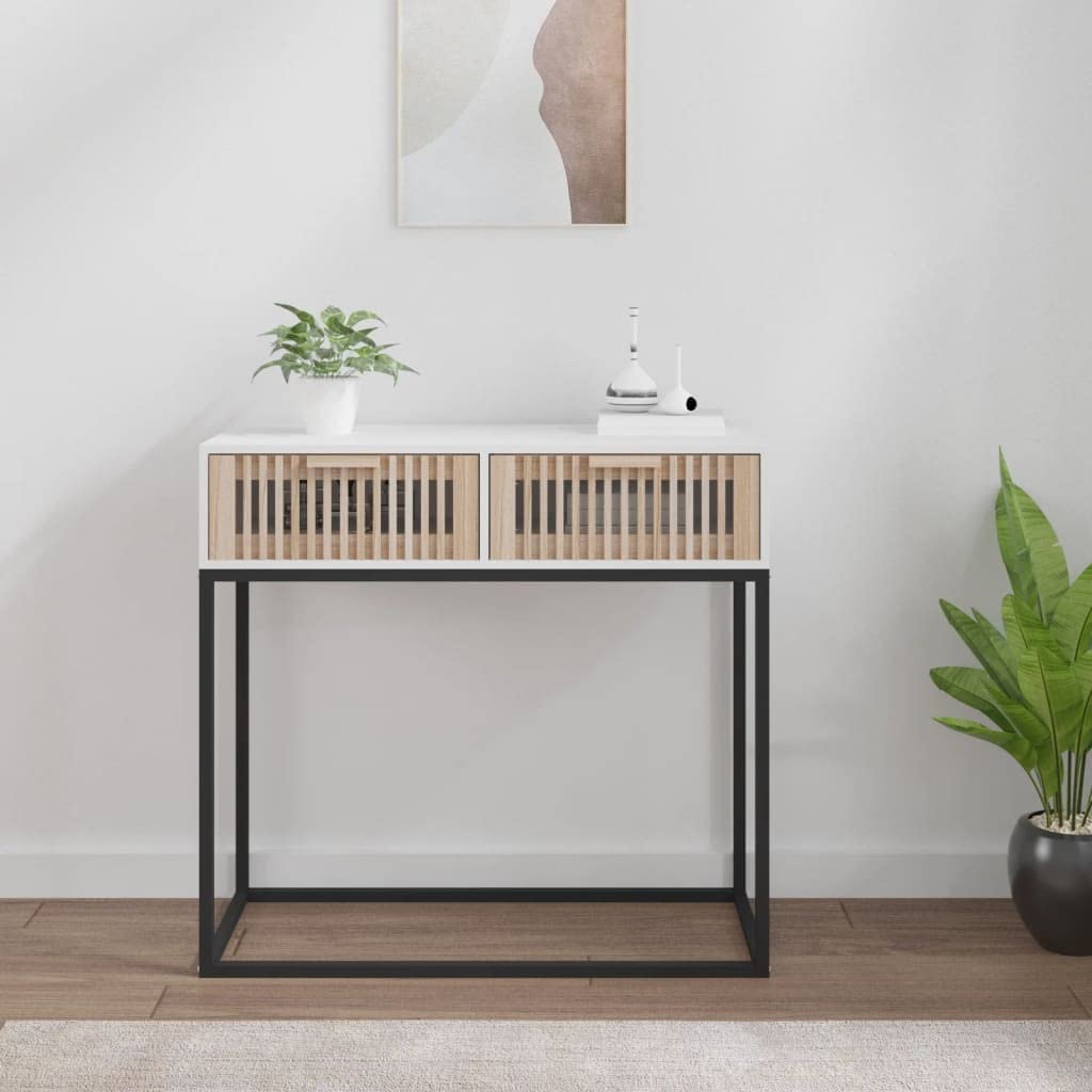 SXZenSpace Console Table White 80x30x75 cm, Scandinavian Side with 2 Drawers, Engineered Wood & Iron Hallway Unit, Slim Sofa End for Living Room, Bedroom or Corridor