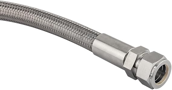 PTFE-Lined Stainless Steel Braided Hose 1/4 Nominal Hose Size 1/4 Tube Fitting 316 SS End Connections 24 Overall Length 3000 psi Chemically Compatible