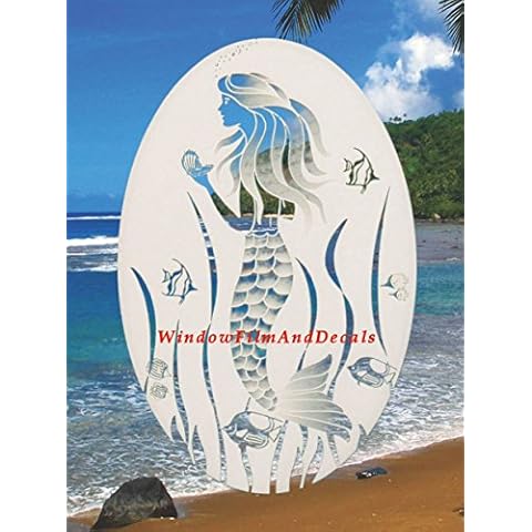 Oval Mermaid Etched Window Decal Vinyl Glass Cling - 15" x 23" - White with Clear Design Elements Cover