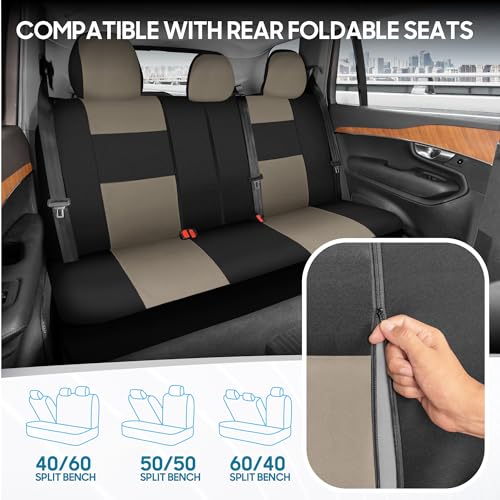 Image of BDK PolyPro Car Seat Covers Full Set in Light Beige on Black, Front and Rear Split Bench Seat Covers for Cars, Easy to Install Car Seats Cover Set and Accessories for Auto Trucks Van SUV - Light Beige