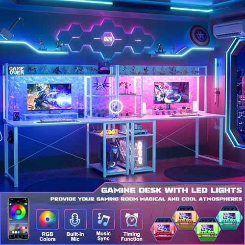 Image of Cyclysio Gaming Desk with Hutch, 47'' Computer Desk with LED Lights & Power Outlets, Home Office Desk with Reversible 5 Tiers Storage Shelves & Monitor Stand, Small Gaming Table for Small Space, White
