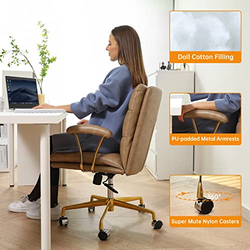 Leagoo Mid Back Home Office Desk Task Chair With Wheels And Arms Ergonomic Pu Leather Computer Rolling Swivel Chair With Padded Armrest (Khaki) #TOP4