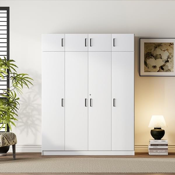 Hexagon Furnitures Premiuim 4 Door High Glossy Frosty White Wardrobe with Loft and Multiple Storage (Customization Available)-image-37