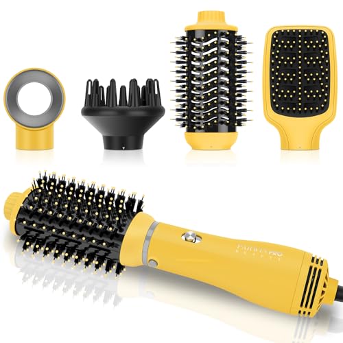 PARWIN PRO BEAUTY 4 en 1 Set de Peinado con 4 Accesorios, Cepillo Alisador, Moldeador, Volumen, Cuidado de Iones, 1000W (amarillo) Set de Secador de Pelo