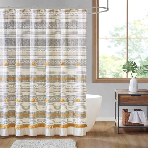 Image of Ink+Ivy Cody 100% Cotton Shower Curtain, Boho Chic Printed Striped with Tassel Pompom, Fringes Trim, Modern Bathroom Decor, Machine Washable 72 inch x 72 inch Grey /Yellow