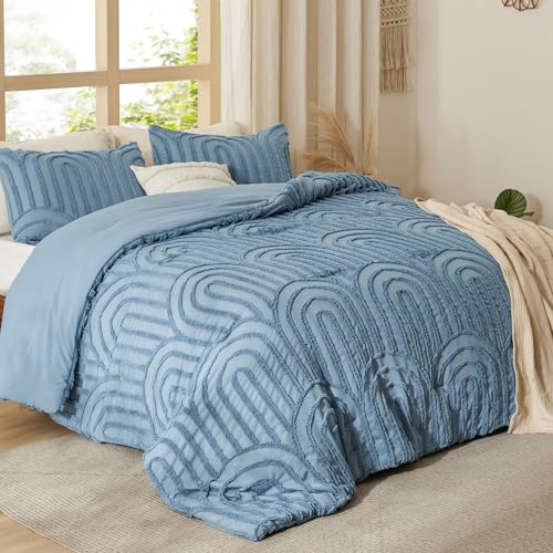 Image of Bedsure Boho Tufted Blue Comforter Set Queen Size, GentleSoft 3 Pieces Boho Farmhouse-Style Decor Bedding, Arch Bedding for All Seasons, 1 Bed Comforter, 2 Pillow Shams, 90x90 Inches