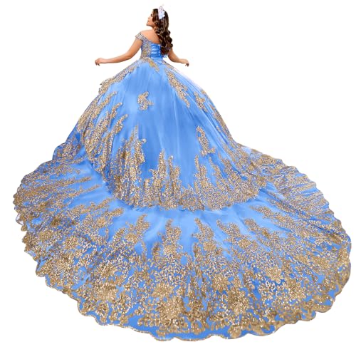 Luxury Gold Applique Quinceanera Dresses Layered Tulle Sweet 16 Dresses Beaded Off Shoulder Vestidos De 15 Años