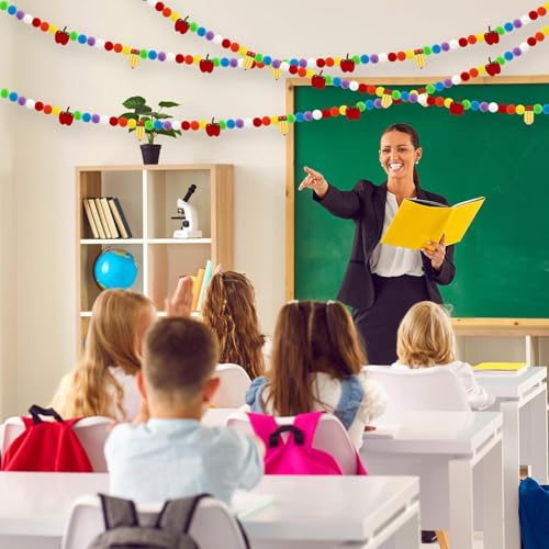 Image of 3 Pcs Back to School Felt Banner Pencil Apple Garland Classroom Return to School Pom Pom Ball Garland Colorful Pompom Hanging Banner Hanging Garlands for First Day of School Classroom Decorations
