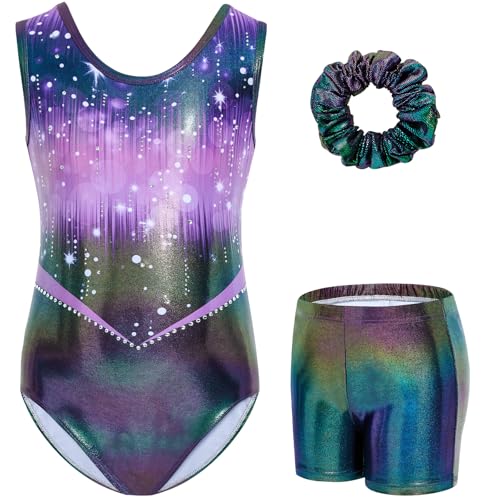 Gogokids Gymnastics Leotards for Girls Sparkly Rhinestone Mesh Cutout Back Dance Unitards Biketards with Shorts Activewear, Purple Grenn, 8-9 Years