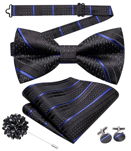 Image of Hi-Tie Bow Ties for Men Pre-Tied Pocket Square with Cufflinks Mens Bowtie Sets for Wedding Formal Party