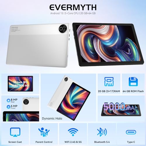 Image of Tablet 10 Inch Android 15 OS GMS Certified Tablets PC 1.8 GHz 5-Core 20 (3+17) GB RAM 64 GB ROM 1 TB Expandable 1280x800 HD IPS Touch Screen 5000 mAh WiFi 6 Bluetooth 5.4 Dual Camera 2025 (White)
