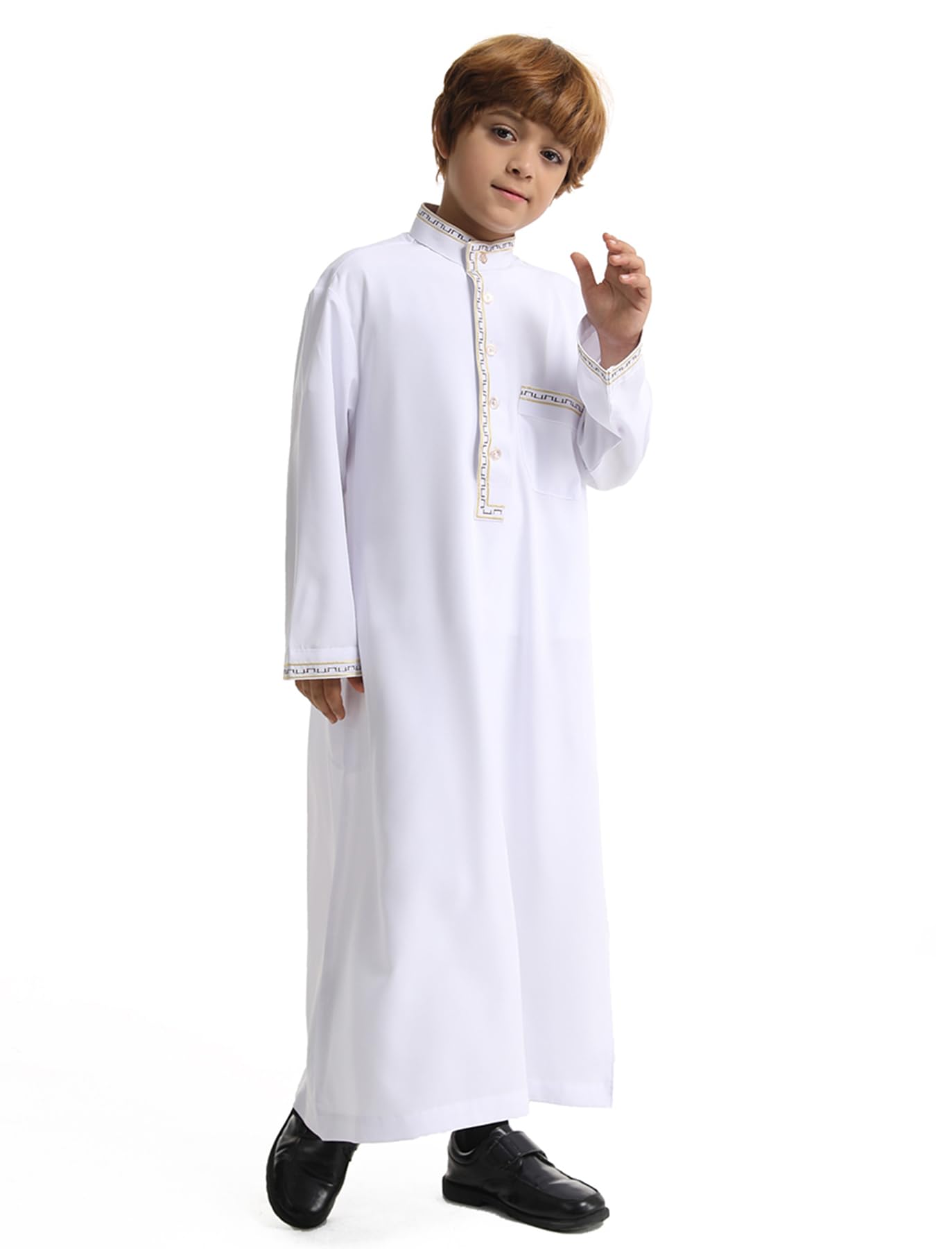 Qianliniuinc Robe islamique à col rond pour garçon - Manches longues - Robe musulmane avec poches