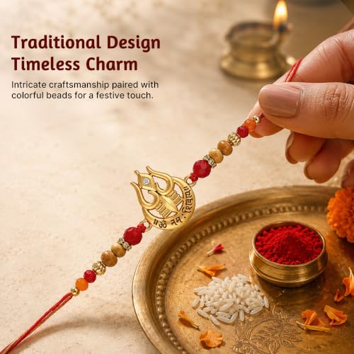 Image of Avyaan Mahadev Trishul Rakhi for Brother | Premium Handmade Rakhi with Om Namah Shivay Trishul Charm | Decorative Beads & Soft Skin-Friendly Thread | Comfortable, Lightweight & Durable | Perfect for Raksha Bandhan
