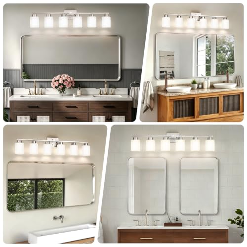 Image of FonmYim Brushed Nickel Bathroom Light Fixtures, 6-Light Modern Vanity Light Over Mirror, Wall Sconces with Milky White Frosted Glass Shades, E26 Socket (Bulbs Not Included)