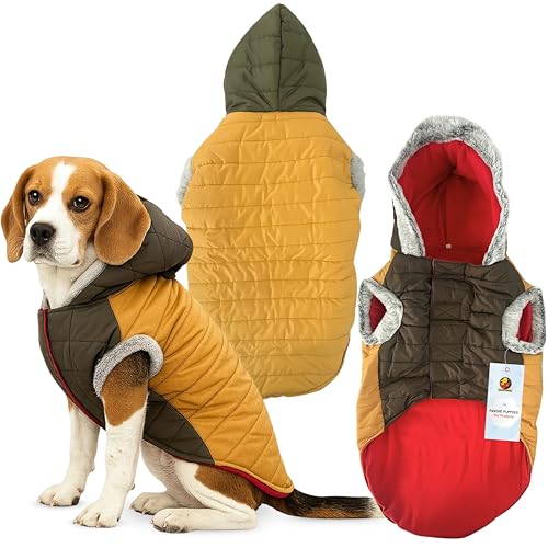 Image of Foodie Puppies Dog Puffer Hoodie Warm Winter Jacket - (Yellow Olive, 26 Inch) for Medium to Large Dogs | Ultra Warm Waterproof & Windproof Fur Coat | Washable Pet Vest Apparel for Cold Weather