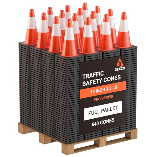 Image of GECCO (640 Cones per Pallet) 18 Inch 3.3 Lb Small Orange Traffic Cones in Bulk | Wholesale Safety Cones, Orange Cones, Parking Cones, Construction Cones | PVC Plastic & Black Base - [PRO Series]