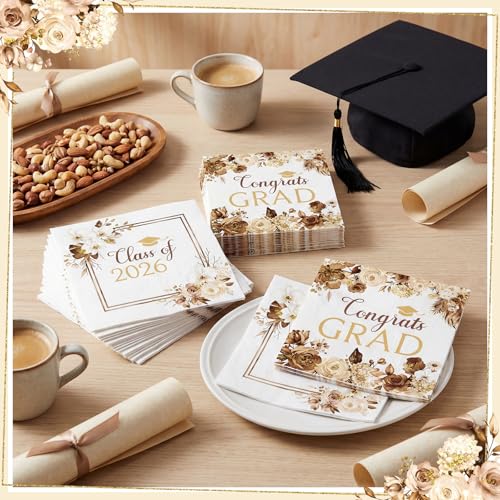 80 Pcs Boho Graduation Napkins, 6.5 Inch Boho Floral Congrats Grad Party Napkins Gold and White Class of 2026 Paper Napkin for High School College Graduation Party Decorations — view 4