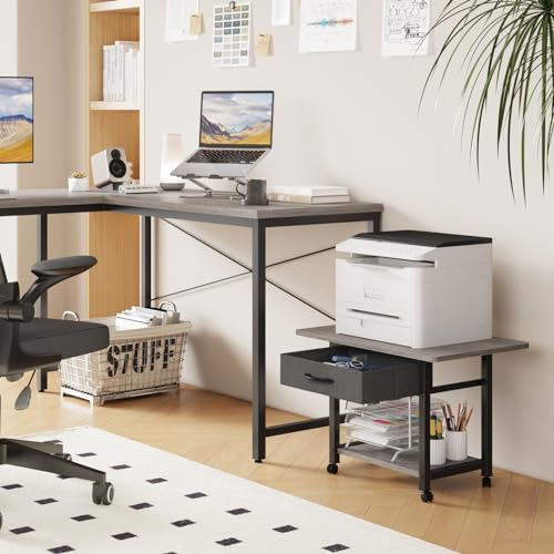 Image of YAOHUOO 22 inchx15 inch Large Printer Stand with Drawer, 2-Tier Rolling Table Cart | Under Desk Printer Table,Storage Fabric Drawer,Fit printer /fax /3d /scanner,4 Lock Wheels or Feet,For Home Office Dorms,Gray