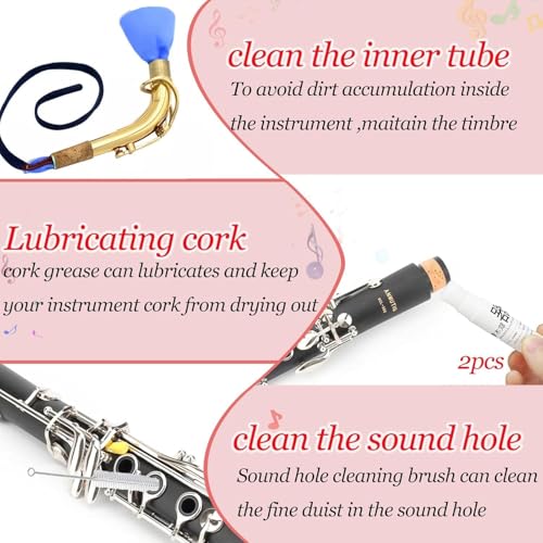 Clarinet Cleaning Kit, Saxophone Cleaning Kit,Clarinet Accessories,Mouthpiece Brush,Dust Brush,Cleaning Cloth,Clarinet Reeds Swabs,Finger Rest,Cork Grease,Pads Absorbent Cloth,Cleaning Care Kit